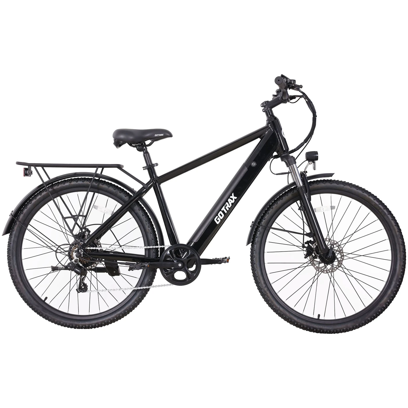 Black GoTrax Accord SO step-over e-bike with rack and fenders
