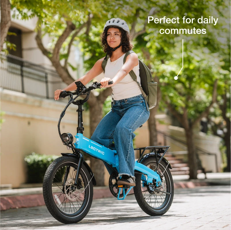 Rider on an unfolded Lectric Blue XP Lite 2.0 e-bike
